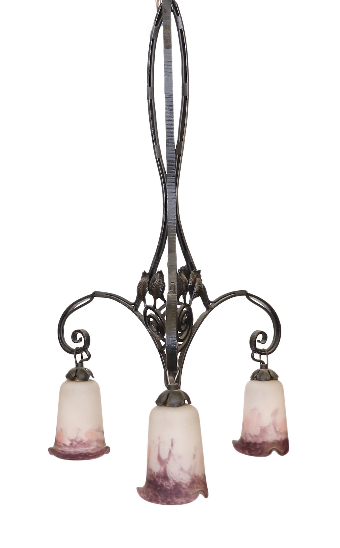 A 1920s French wrought iron three branch light fitting with marbled and frosted glass shades, height 74cm. width 43cm